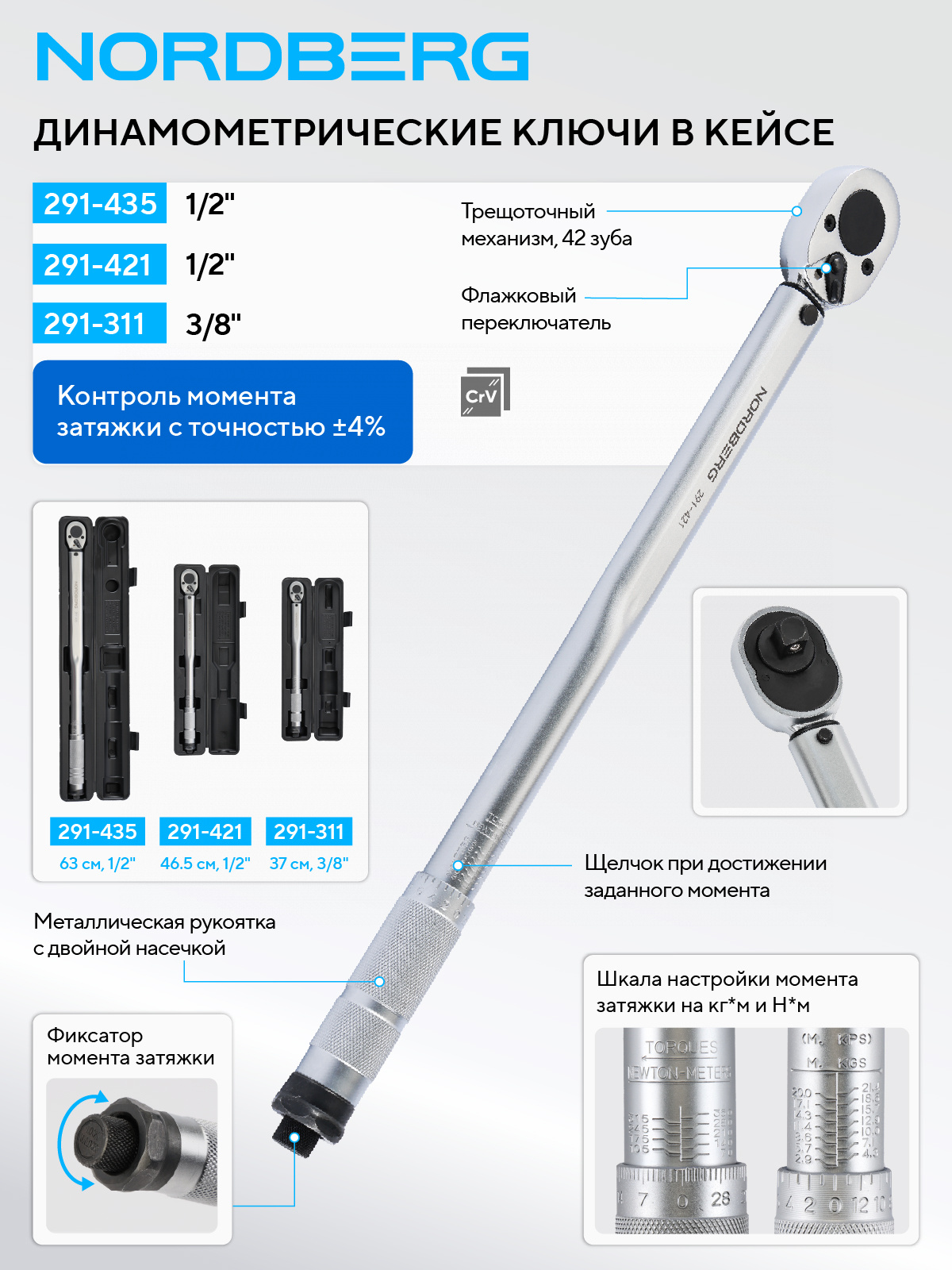 Ключ динамометрический 3/8", 19-110 Нм, в кейсе NORDBERG 291-311 — изображение 2