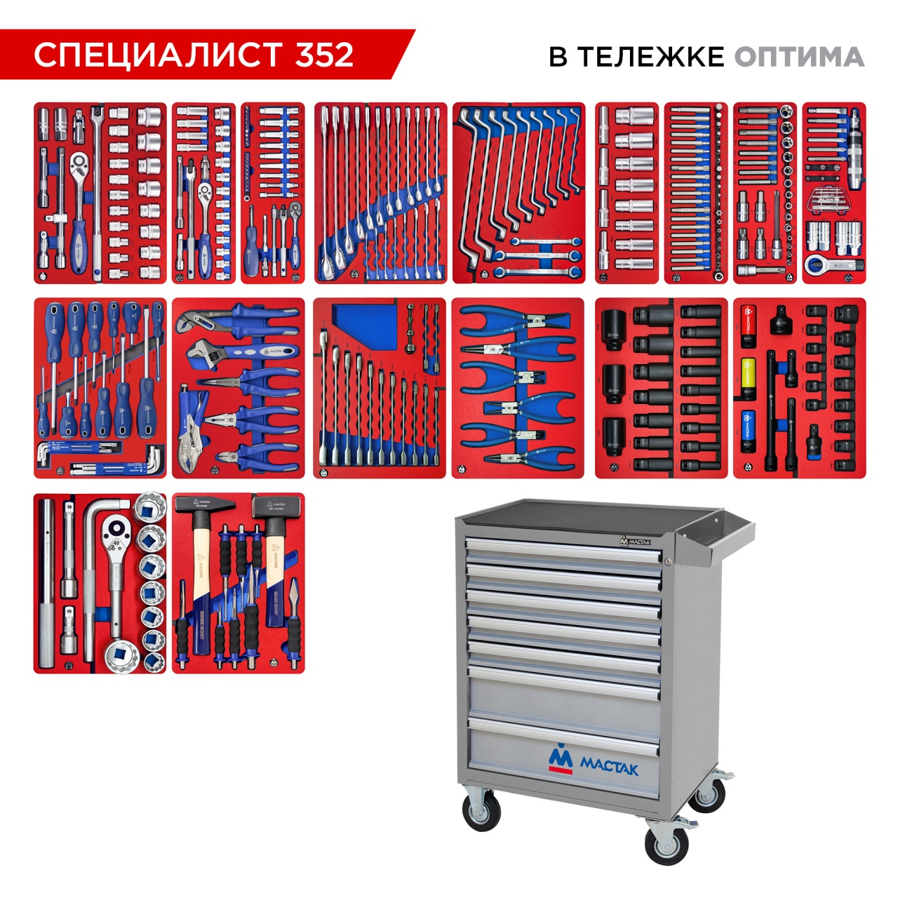 Набор инструментов 352 предмета, "СПЕЦИАЛИСТ 352", в серой тележке МАСТАК 52-07352G