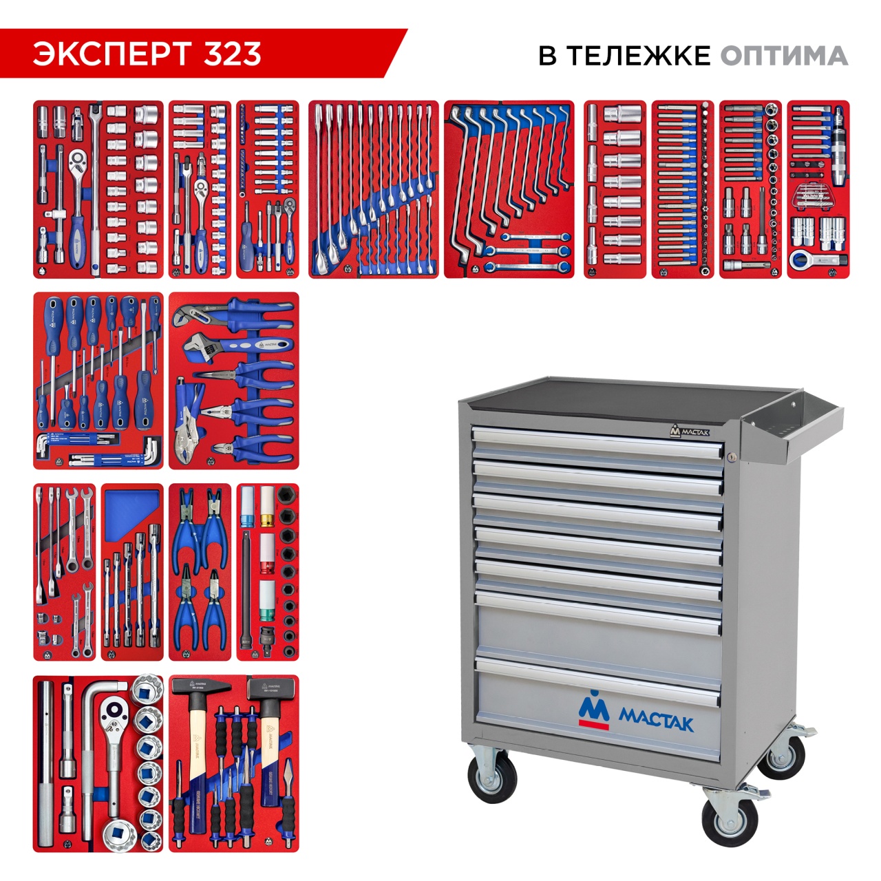Набор инструментов 323 предмета, "ЭКСПЕРТ 323", в серой тележке МАСТАК 52-07323G