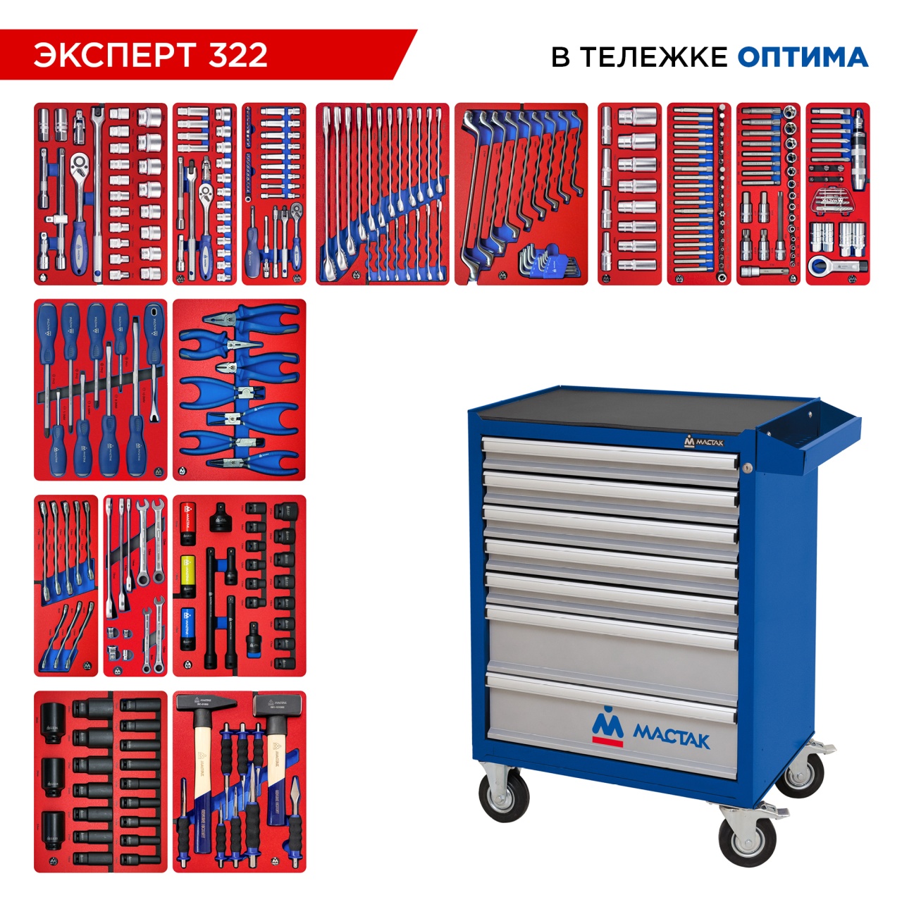 Набор инструментов 323 предмета, "ЭКСПЕРТ 322", в синей тележке МАСТАК 52-07322B