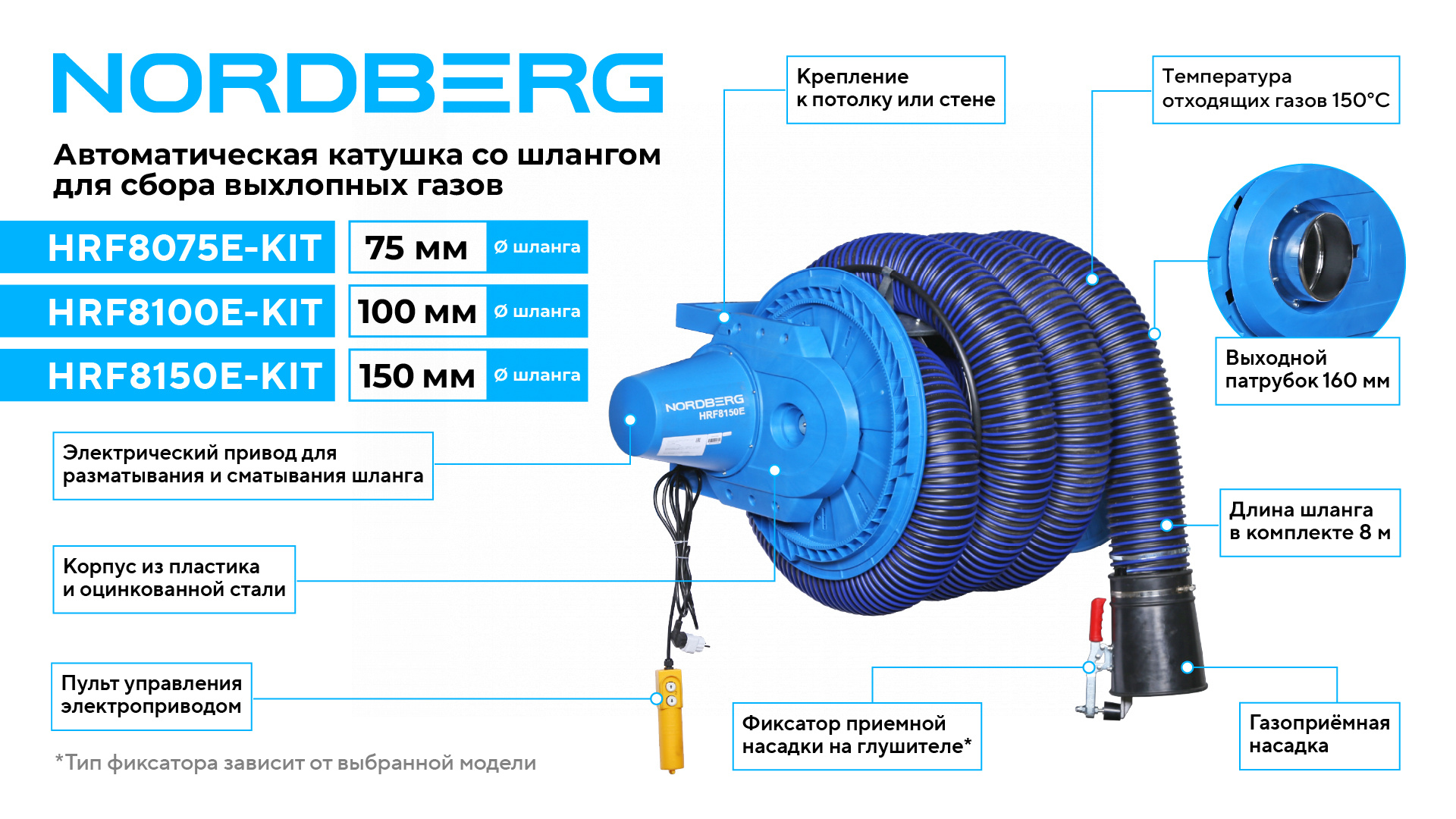 Катушка для сбора выхлопных газов с автоматическим приводом со шлангом L=8 м, D=100 мм и насадкой NORDBERG HRF8100E-KIT — изображение 3