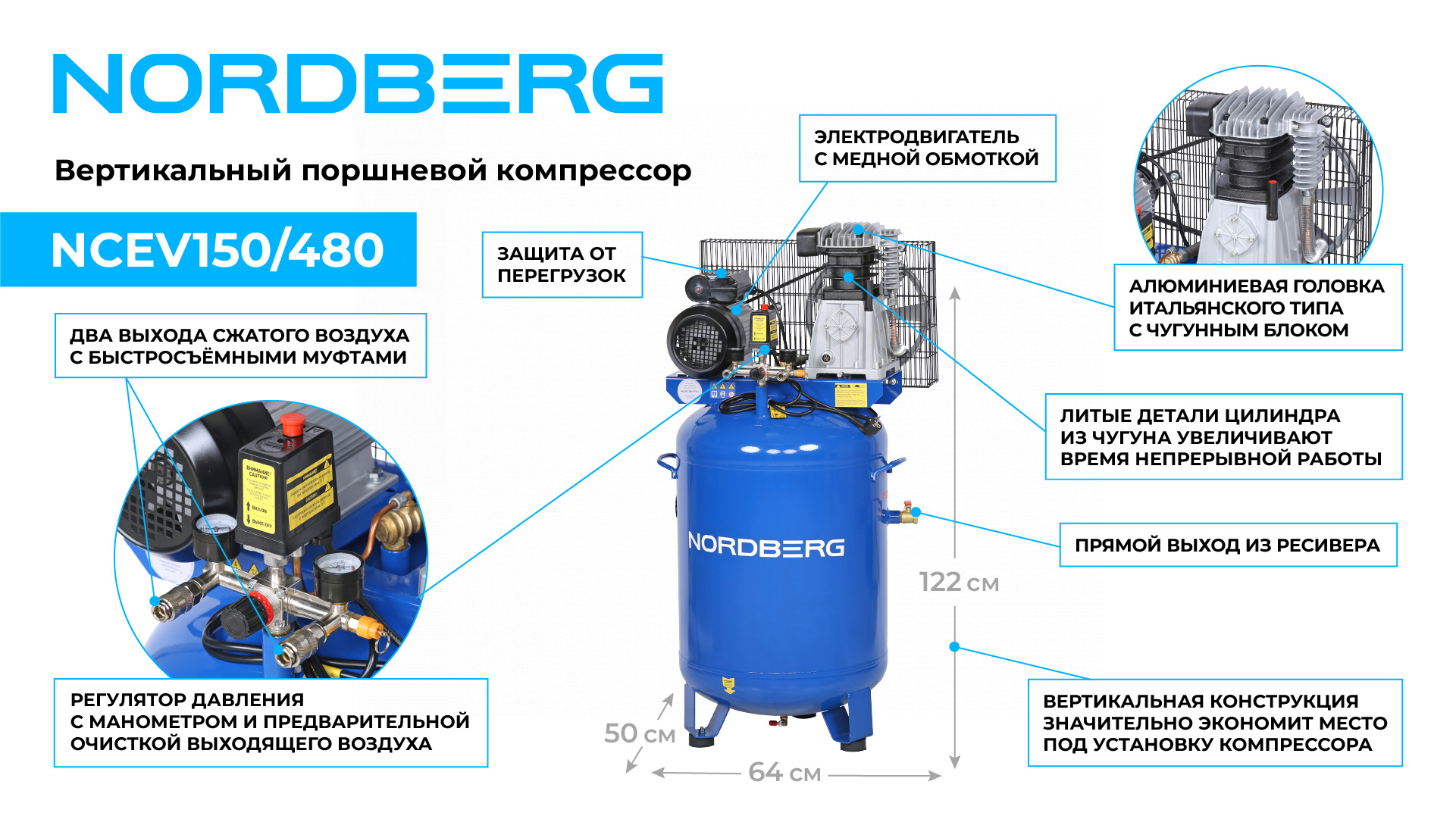 Компрессор вертикальный поршневой с ременной передачей 220 В, ресивер 150 л, 446 л/мин NORDBERG NCEV150/480 — изображение 3