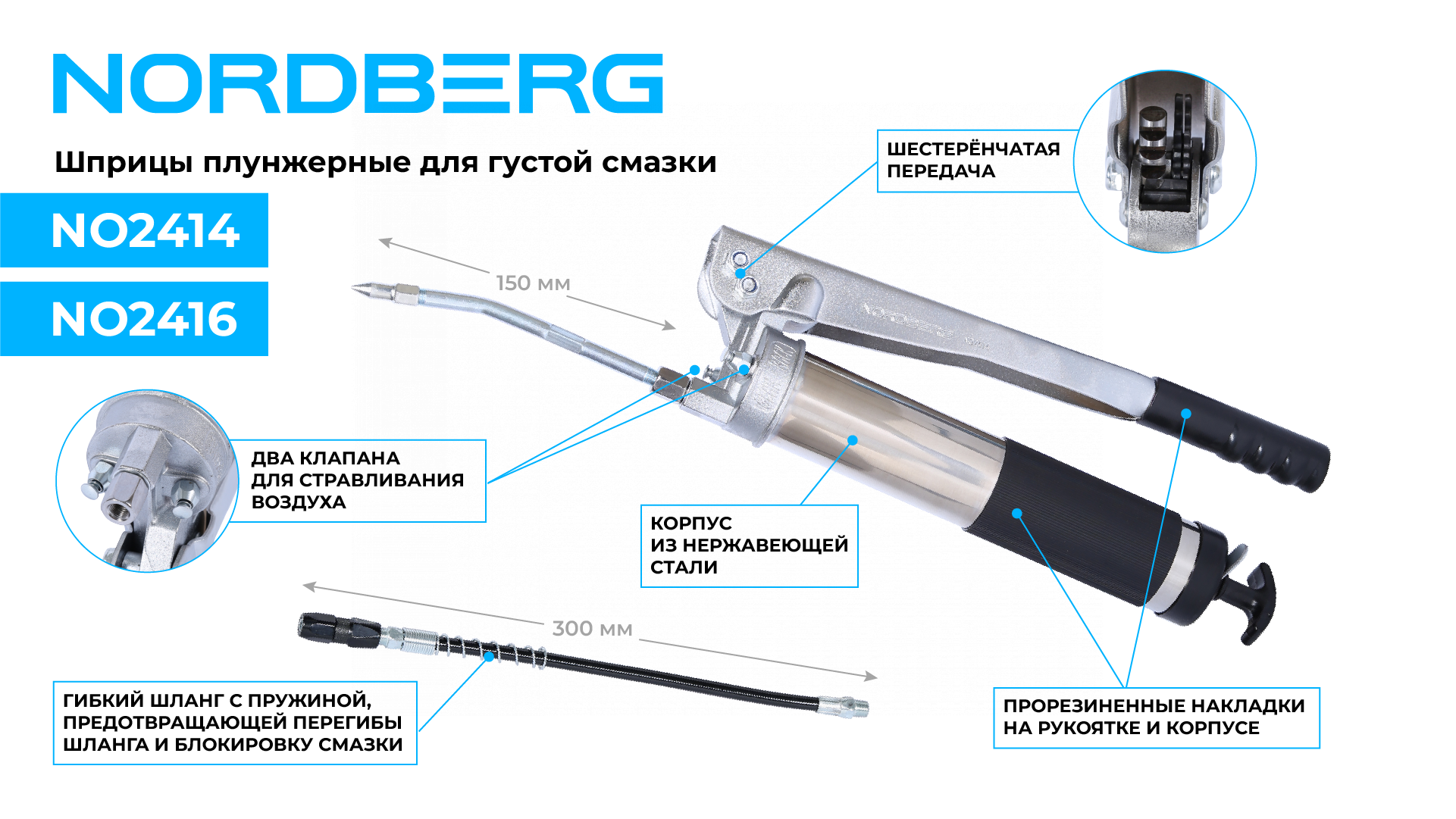 Шприц плунжерный для густой смазки с шестеренчатой передачей, 600 мл NORDBERG NO2416 — изображение 3