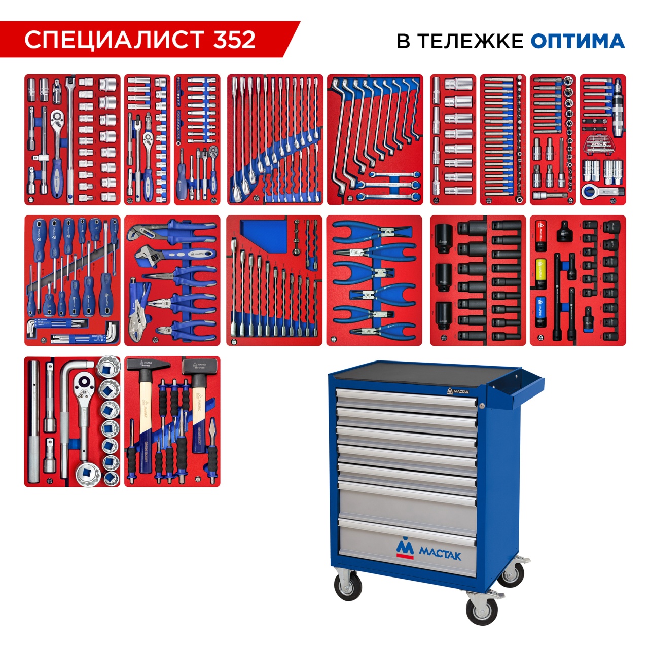 Набор инструментов 352 предмета, "СПЕЦИАЛИСТ 352", в синей тележке МАСТАК 52-07352B