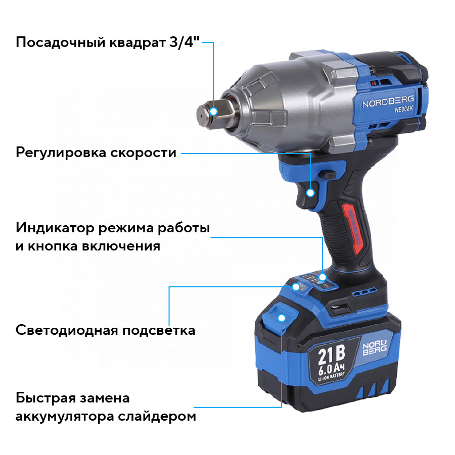 Гайковерт аккумуляторный, 3/4", 21 В, 1500 Нм, 2 аккумулятора 6 A и зарядное устройство, в кейсе NORDBERG NE806K-3/4 — изображение 3