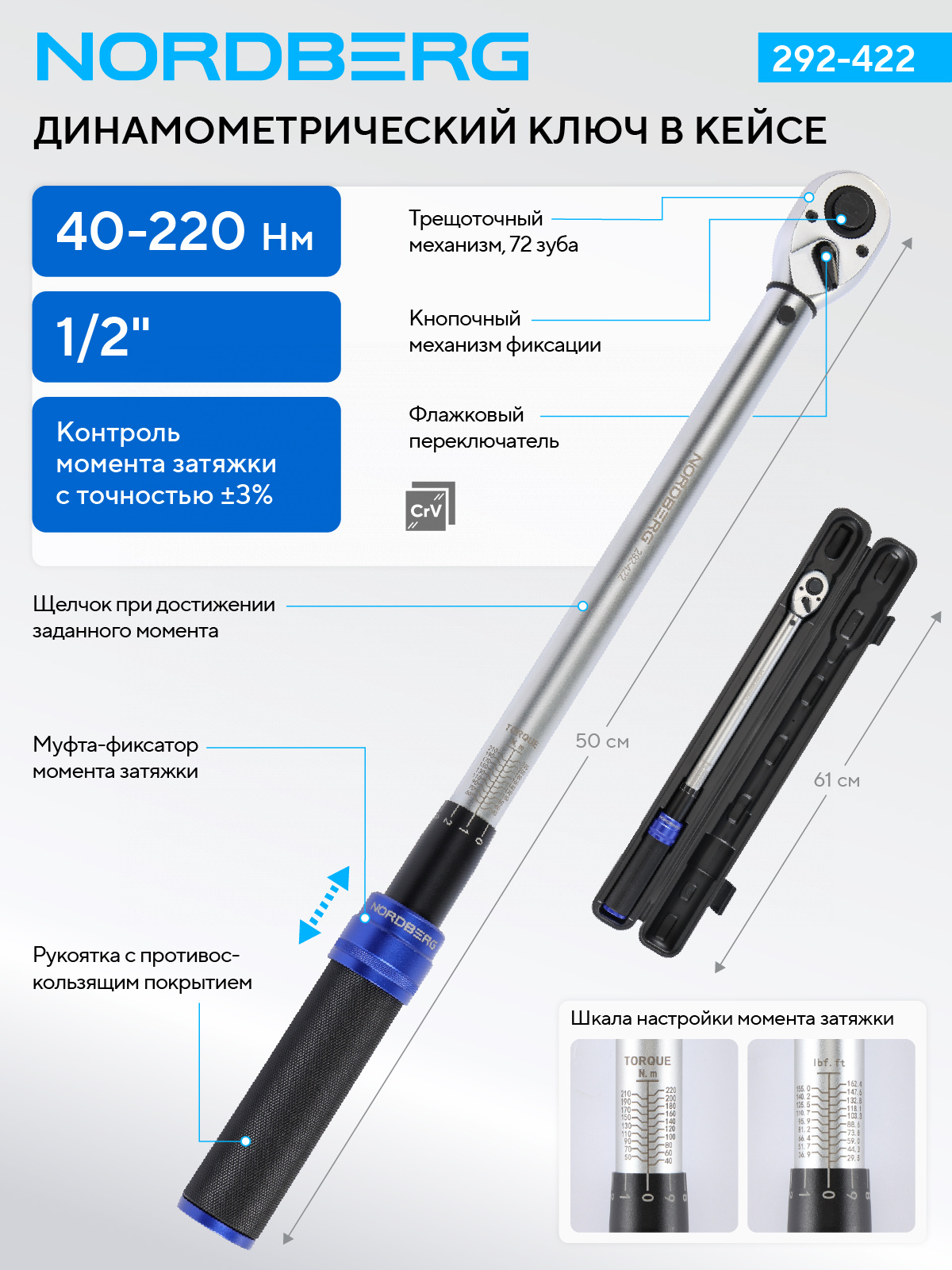 Ключ динамометрический 1/2", 40-220 Нм, в кейсе NORDBERG 292-422 — изображение 2