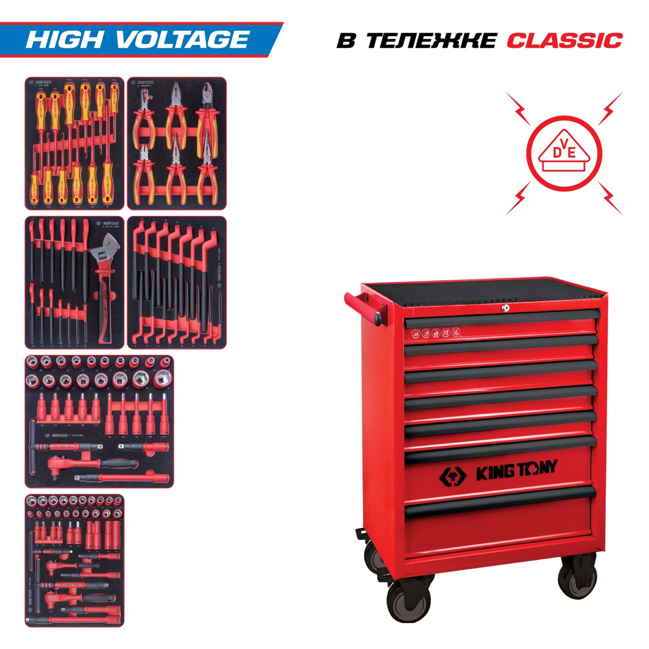 Набор инструментов 117 предметов, "HIGH VOLTAGE", в красной тележке KING TONY 934-117MRVE
