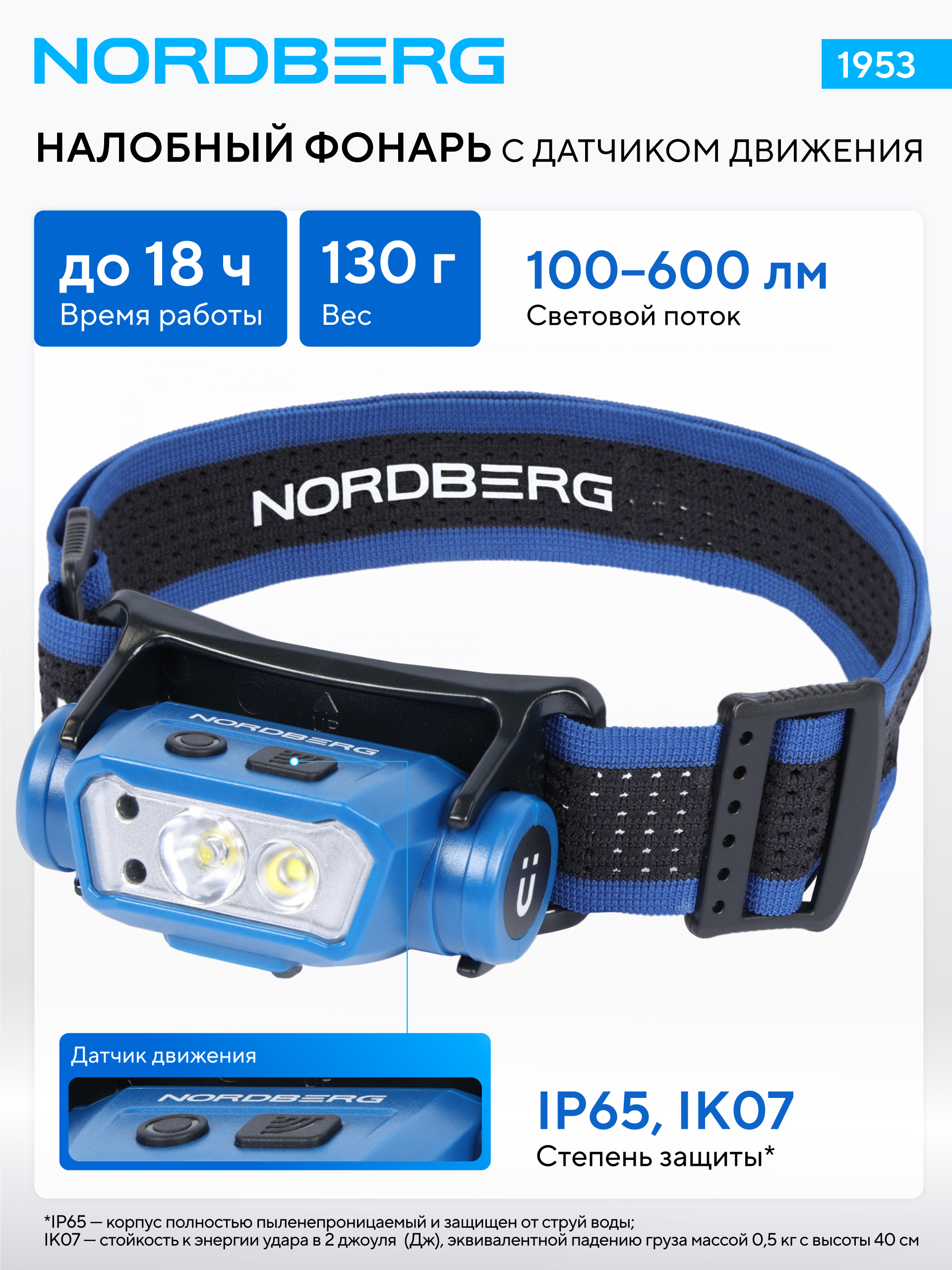 Фонарь светодиодный налобный, аккумуляторный, 3,7 В c датчиком движения NORDBERG 1953 — изображение 2