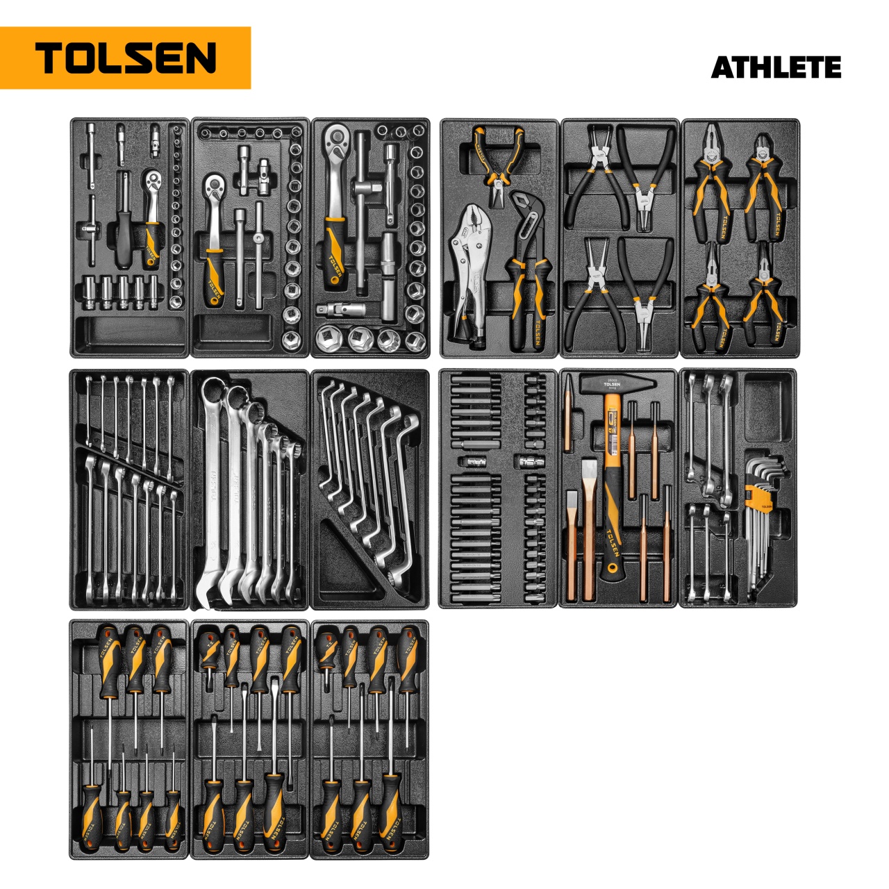Набор инструментов 189 предметов, "ATHLETE", для тележки, 15 ложементов TOLSEN TT85412-189