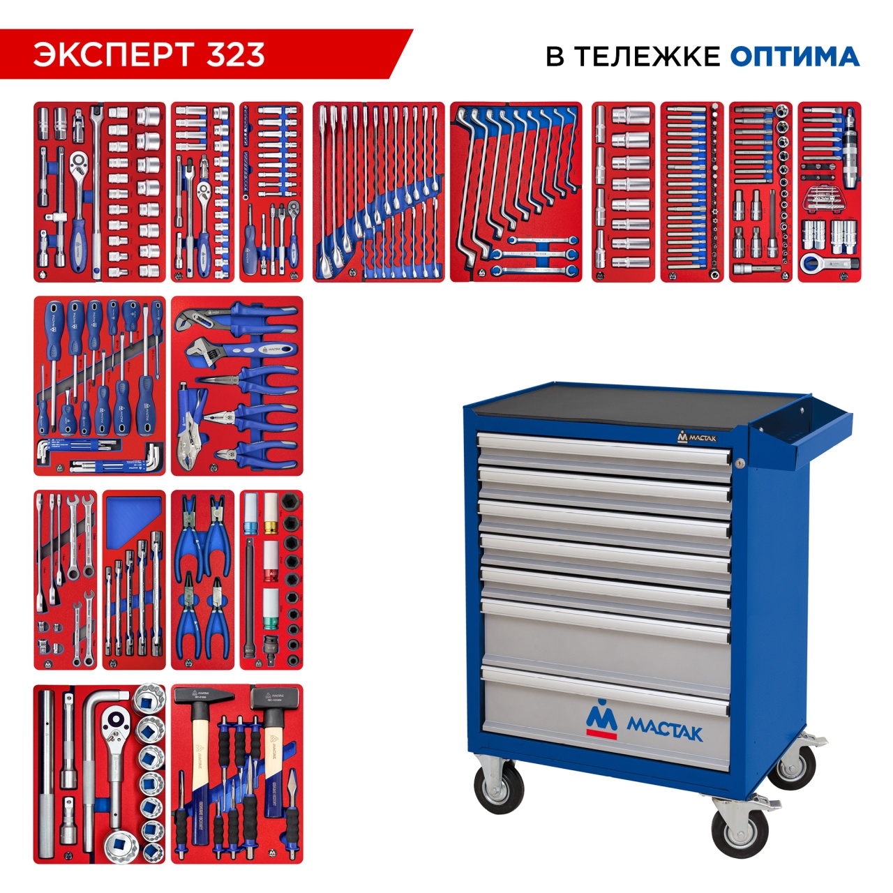 Набор инструментов 323 предмета, "ЭКСПЕРТ 323", в синей тележке МАСТАК 52-07323B
