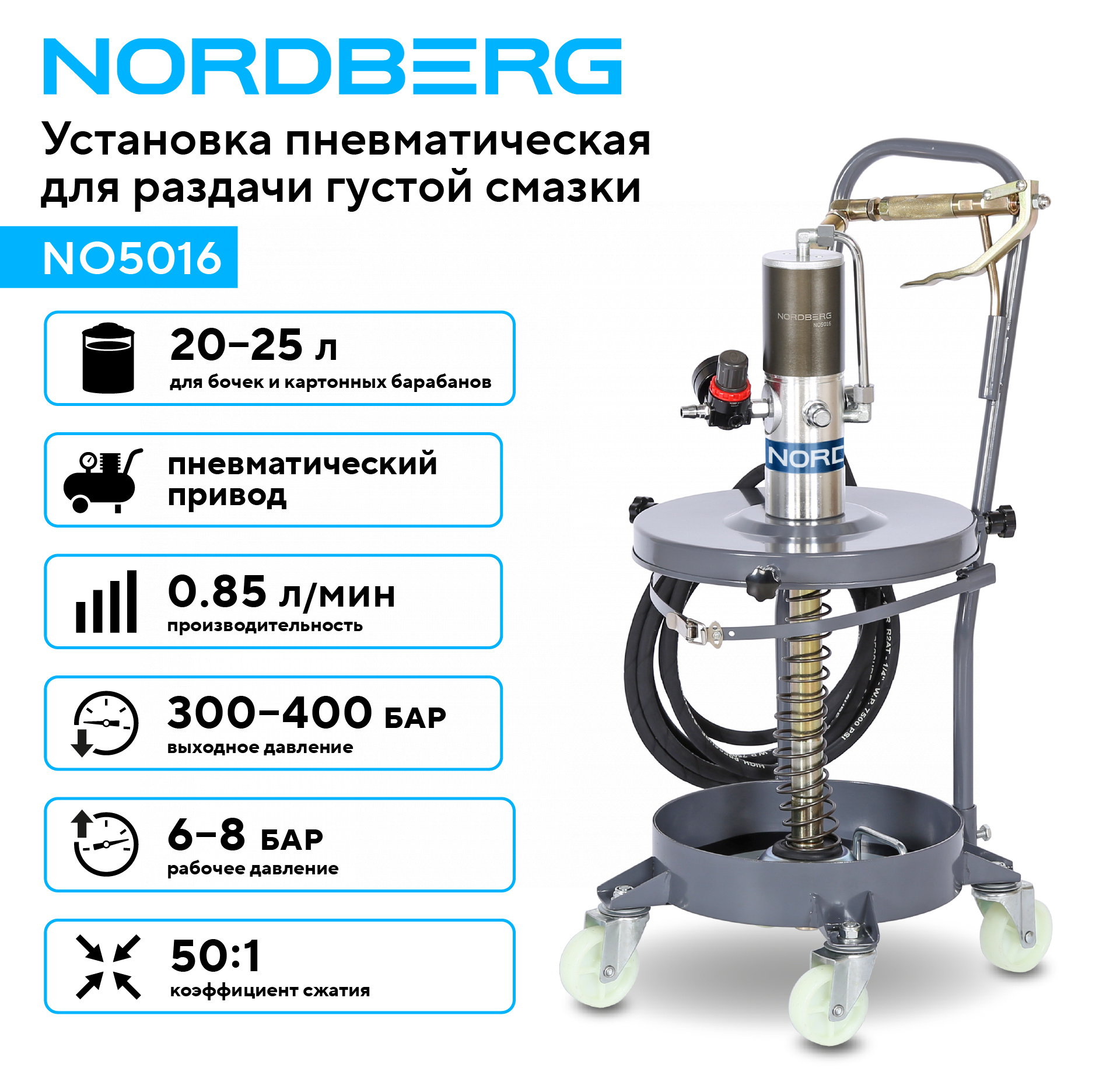 Установка пневматическая для раздачи густой смазки из бочек, 25 л NORDBERG NO5016 — изображение 2