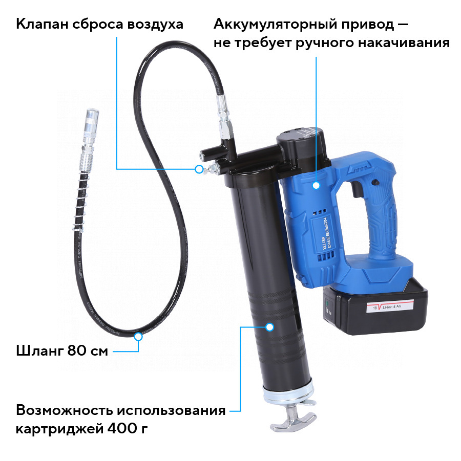 Шприц аккумуляторный для густой смазки, 420 мл NORDBERG NE773K — изображение 3