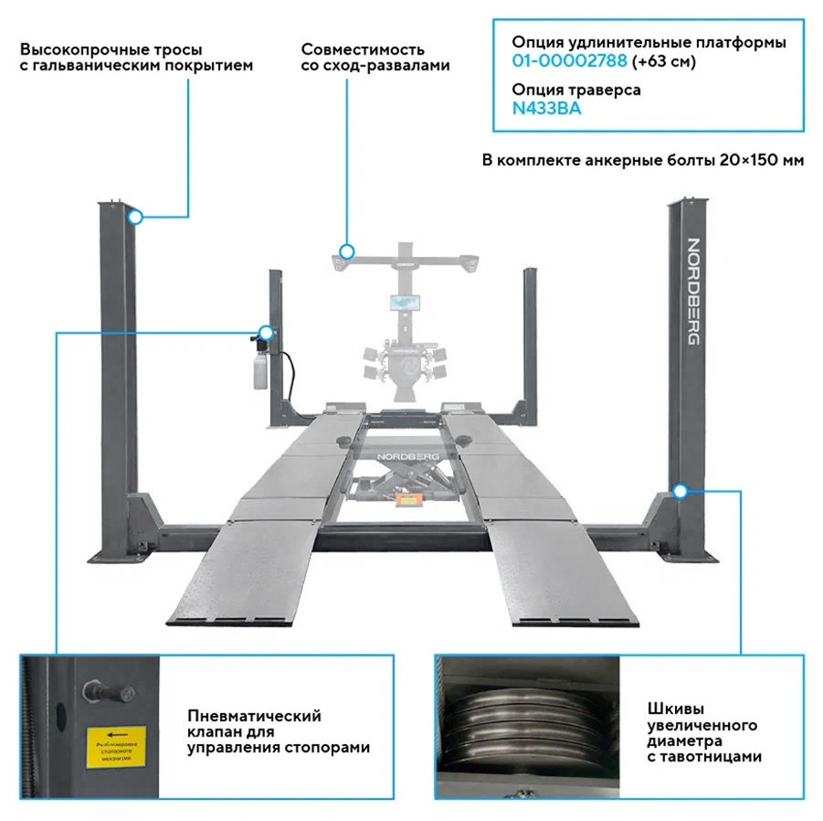 Подъемник четырехстоечный 6,5 т, для сход-развала, серый NORDBERG 4465B-G — изображение 3
