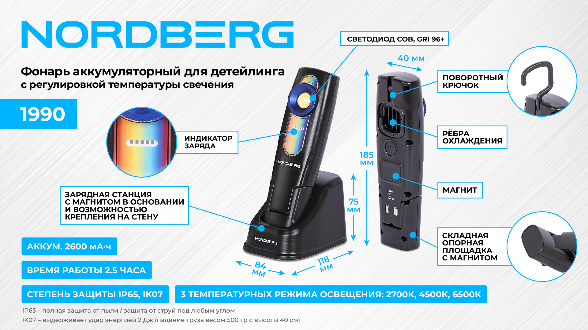 Лампа колориста лучевая, с регулировкой температуры свечения, аккумуляторная NORDBERG 1990 — изображение 2