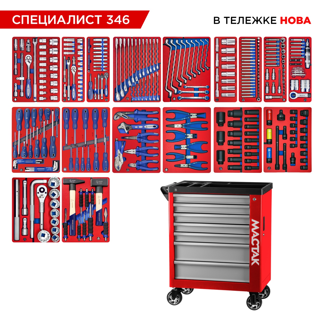 Набор инструментов 346 предметов, "СПЕЦИАЛИСТ 346", в красной тележке МАСТАК 50-07346R