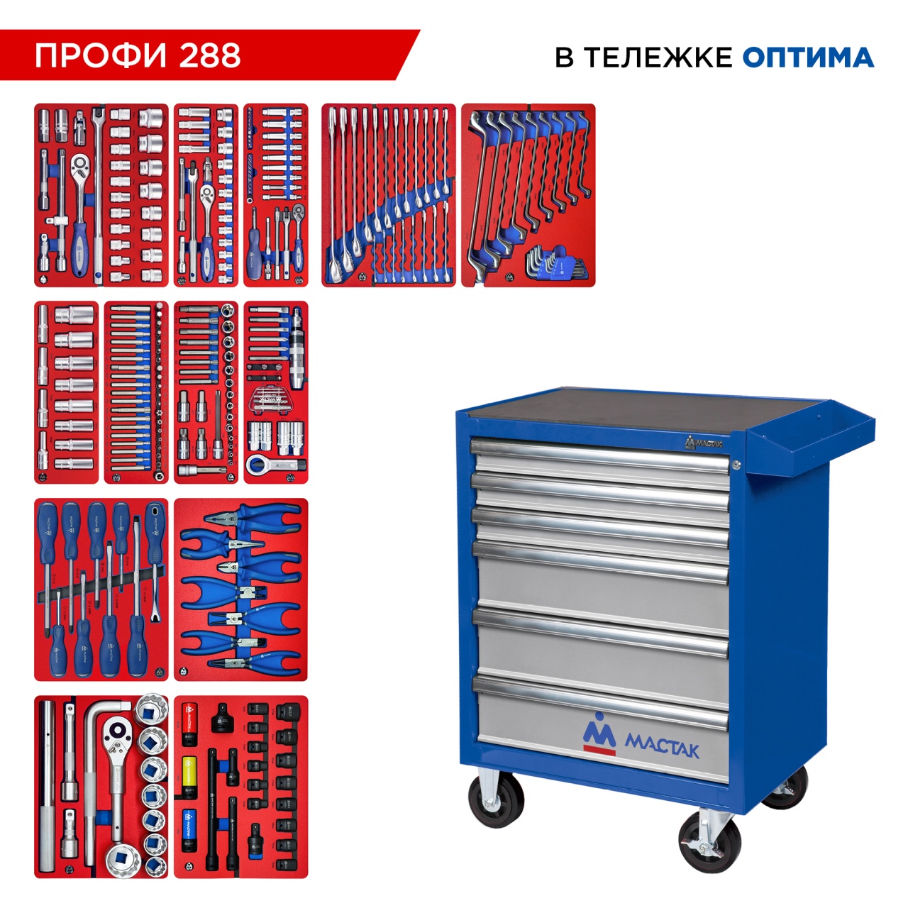 Набор инструментов 288 предметов, "ПРОФИ 288", в синей тележке МАСТАК 52-06288B