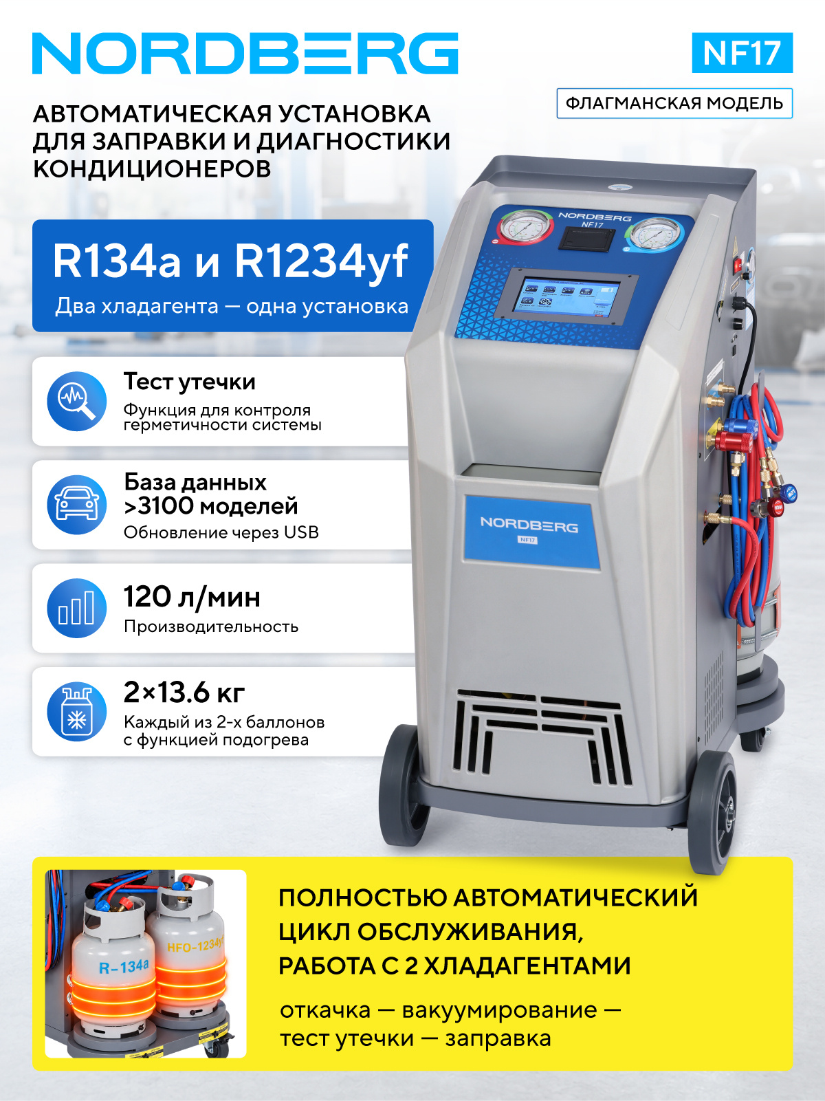 Установка автомат для заправки автомобильных кондиционеров (R134a+R1234yf) NORDBERG NF17 — изображение 4