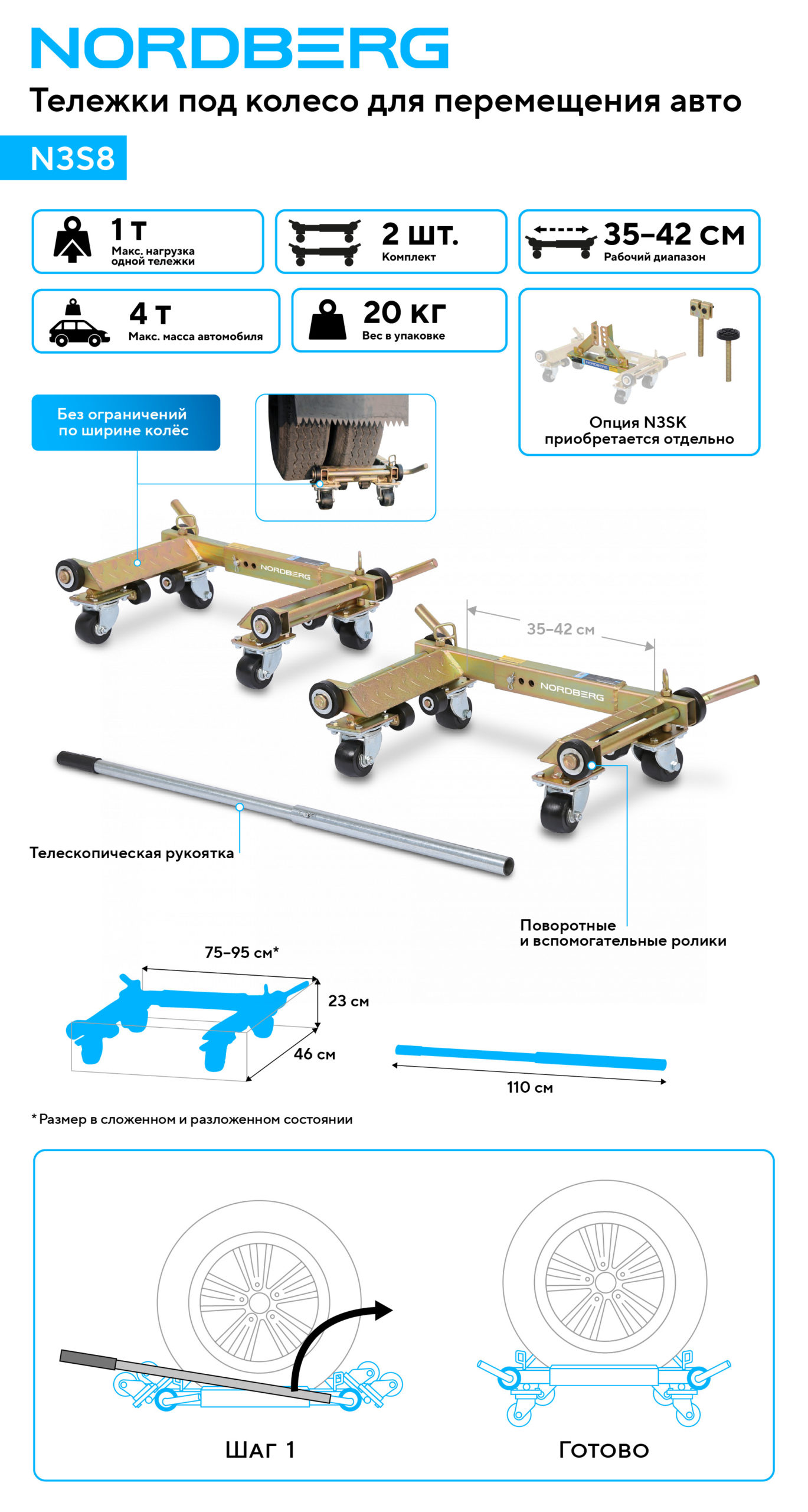 Комплект для перемещения авто (тележка под колесо N3S8 2шт + 2 комплекта адаптеров N3SK) NORDBERG N3S8+N3SK — изображение 2
